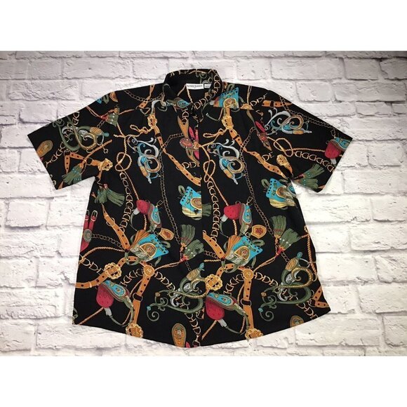 ALFRED DUNNER Womens Size 16 Black Red Gold Chain Silk Button Front Blouse - Picture 1 of 5